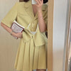 Women Suits Notched Top Pleated Skirts Set Solid Elegant Ofice Ladies Summer Short Sleeve Preppy Style Chic Simple Stylish Retro