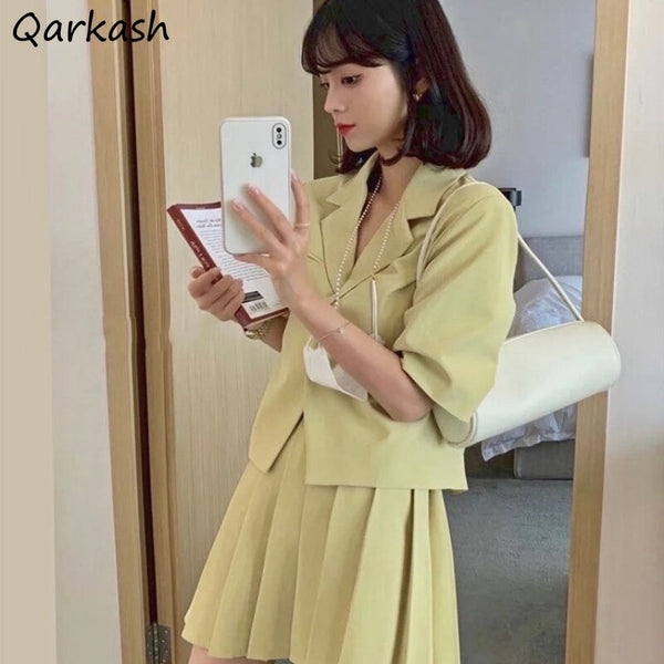 Women Suits Notched Top Pleated Skirts Set Solid Elegant Ofice Ladies Summer Short Sleeve Preppy Style Chic Simple Stylish Retro