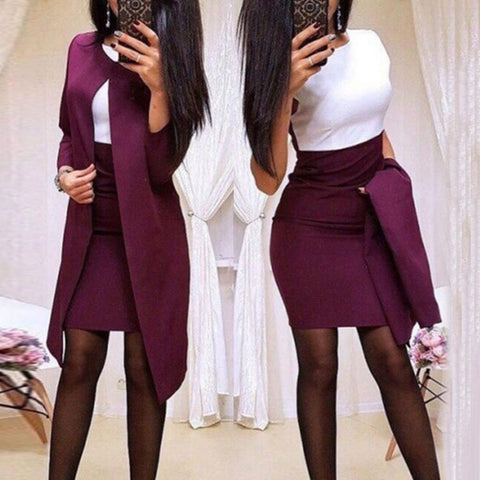 Women Suits Office Ladies Brazer Skirt Set Autumn Solid Color Long Blazer Jacket Bodycon Mini Skirts 2 Piece Set костюм женский