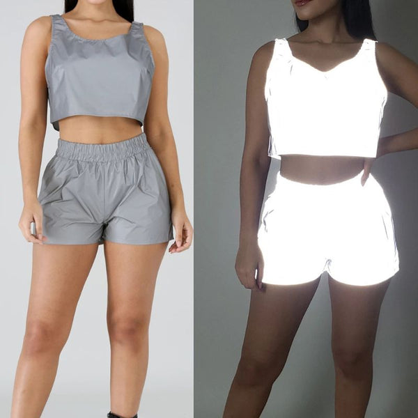 Women Summer 2 Piece Outfits Set Sexy Female Reflective Sleeveless Crop Top Shorts Sportwear Tracksuit Festival Rave Club Party