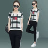 Women Summer 2 Piece Set 2023 Casual Sports Suit Plaid Short-sleeved Trousers Two Piece Set Green Red Black