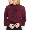 Women Summer Autumn Wine Red Ruffles Chiffon Blouses Button Stand Collar Long Lantern Sleeve Ladies Sexy Shirts Size S-XL 6Q2509