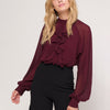 Women Summer Autumn Wine Red Ruffles Chiffon Blouses Button Stand Collar Long Lantern Sleeve Ladies Sexy Shirts Size S-XL 6Q2509
