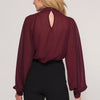 Women Summer Autumn Wine Red Ruffles Chiffon Blouses Button Stand Collar Long Lantern Sleeve Ladies Sexy Shirts Size S-XL 6Q2509