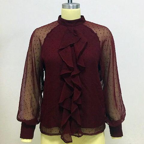 Women Summer Autumn Wine Red Ruffles Chiffon Blouses Button Stand Collar Long Lantern Sleeve Ladies Sexy Shirts Size S-XL 6Q2509
