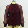 Women Summer Autumn Wine Red Ruffles Chiffon Blouses Button Stand Collar Long Lantern Sleeve Ladies Sexy Shirts Size S-XL 6Q2509
