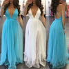 Women Summer BOHO Dress Sleeveless Backless Maxi Long Evening Party Dress Beach Dress Sundress White Blue