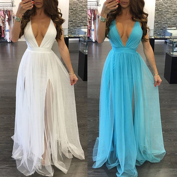 Women Summer BOHO Dress Sleeveless Backless Maxi Long Evening Party Dress Beach Dress Sundress White Blue