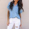 Women Summer Blouse Retro Denim Top Button Short Sleeve Casual Jean Blue Shirt 2022 Kaftan Mujer Camisa Women's Clothing Blusa