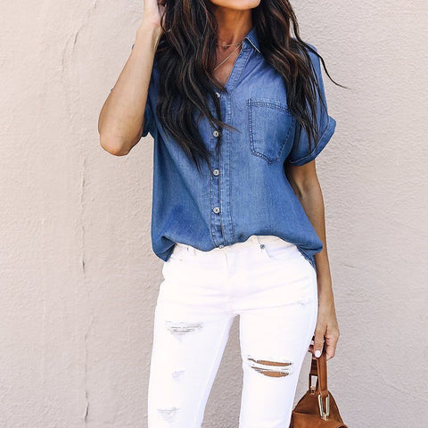 Women Summer Blouse Retro Denim Top Button Short Sleeve Casual Jean Blue Shirt 2022 Kaftan Mujer Camisa Women's Clothing Blusa