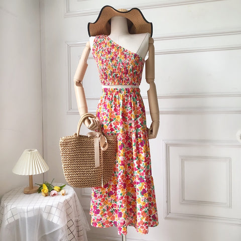 Women Summer Bohemian Floral Sets Sexy Tank Tops+ Long Print Long Skirt Design Beach Suit Holiday Elastic Waist Two Piece Set