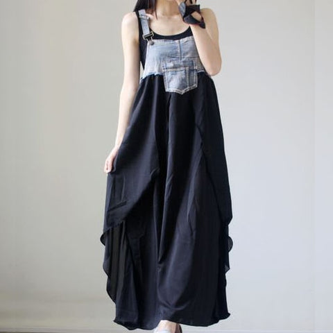Women Summer Braces Dress Deni Chiffon Patchwork Ma Dress Asymmetrical Botto High Waist Loose Casual Beach Dress Vestido