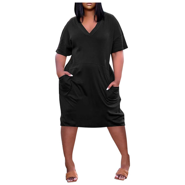 Women Summer Casual Loose Solid With Pockets Mid-Calf Dress Generous Short Sleeve V-Neck Straight Dresses Comfy Sundress Vestido