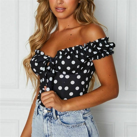 Women Summer Casual Off Shoulder Blouse Lady Vintage Polka Dot Short Sleeve Shirt Slash Neck Blouses 2023