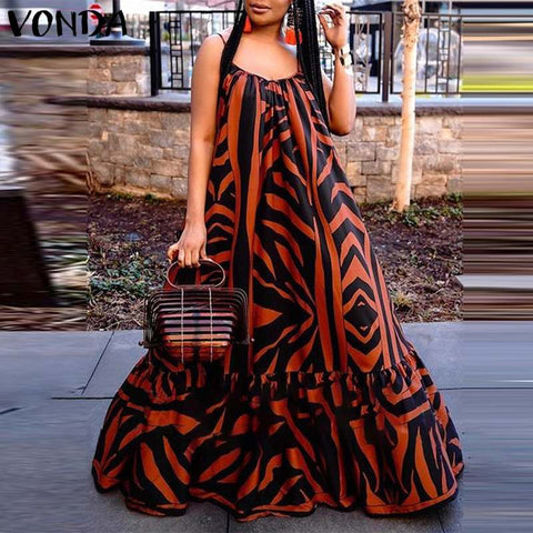 Women Summer Dress 2023 VONDA Vintage Ruffle Print Party Maxi Long Dress Women Elegant Sundress Sexy Sleeveless Party Femme Robe