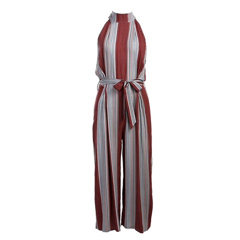 Women Summer Fashion Striped Print Jumpsuit Casual Rompers Halter Sleeveless Back Wide Leg Jumpsuit with Belt Backless Female