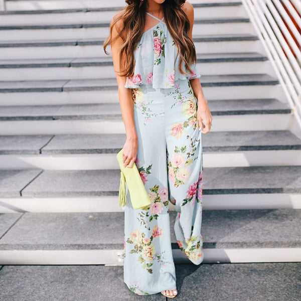 Women Summer Floral Printed Halter Neck Summer Boho Bohemia Floucing Wide Leg Jumpsuit Playsuit Pants