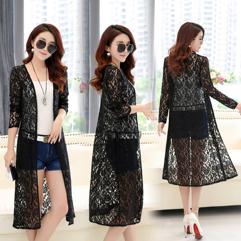 Women Summer Long Lace Kimono Cardigan Plus Size 3XL 2022 Long Sleeve Elegant Ladies Beach Blouse Shirts Transparent Femme Tops