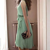 Women Summer Midi Dress Female Vintage Elegant Sleeveless Loose Casual Office Lady Dress  O-Neck Belt Pleated Dresses