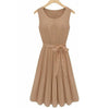 Women Summer Midi Dress Female Vintage Elegant Sleeveless Loose Casual Office Lady Dress  O-Neck Belt Pleated Dresses