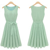 Women Summer Midi Dress Female Vintage Elegant Sleeveless Loose Casual Office Lady Dress  O-Neck Belt Pleated Dresses