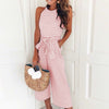 Women Summer O-neck Bowknot Pants Playsuit Sashes Pockets Sexy Office Lady Striped Jumpsuits Sleeveless Rompers Overalls GV225
