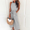 Women Summer O-neck Bowknot Pants Playsuit Sashes Pockets Sexy Office Lady Striped Jumpsuits Sleeveless Rompers Overalls GV225