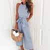 Women Summer O-neck Bowknot Pants Playsuit Sashes Pockets Sexy Office Lady Striped Jumpsuits Sleeveless Rompers Overalls GV225