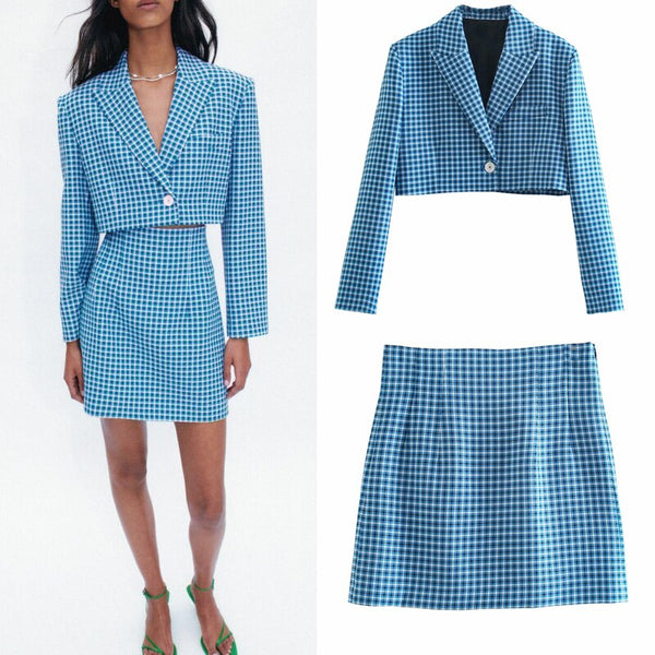 Women Summer Plaid Skirts Suits 2-piece sets ZA Plaid Short Blazers Coats and Skirts Female Elegant OL Clothes