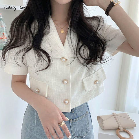 Women Summer Retro style Small Fragrant Jacket Korea Lapel Short Tops Short Sleeve Suit Coat Three Button Women's Blazer