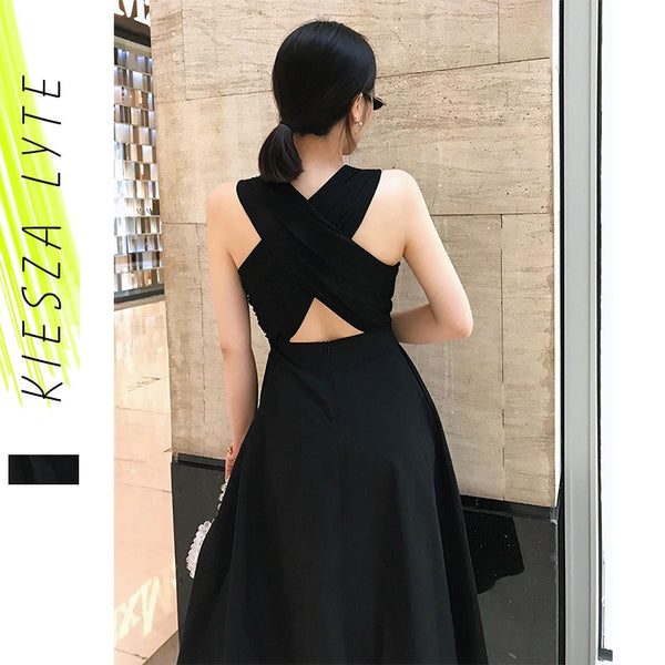 Women Summer Sexy Dress Elegant Hepburn Style Black Sleeveless Back Cross Midi A Line Party Dresses 2022  Vestidos