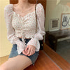 Women Summer Sexy Stylish Drawstring Flare Long Sleeve Floral V Neck Top Blouse Women Summer tshirt