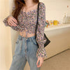 Women Summer Sexy Stylish Drawstring Flare Long Sleeve Floral V Neck Top Blouse Women Summer tshirt
