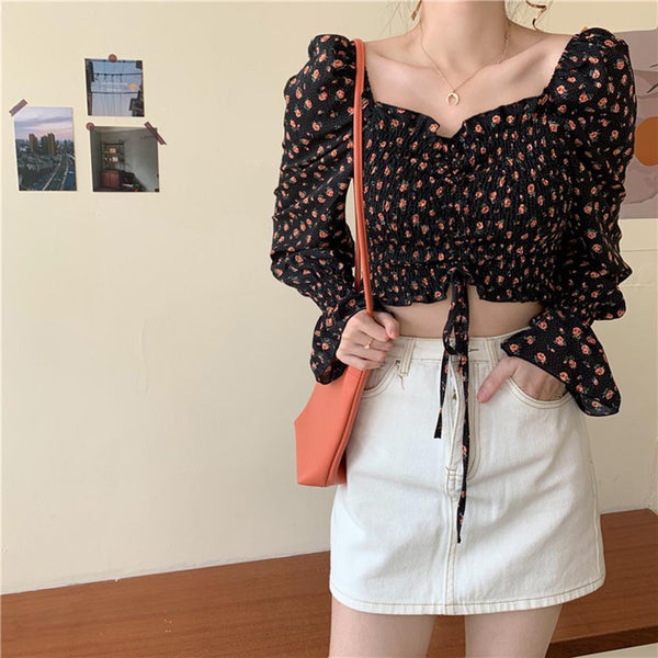 Women Summer Sexy Stylish Drawstring Flare Long Sleeve Floral V Neck Top Blouse Women Summer tshirt