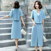 Women Summer Short Sleeve Small Blazer With Elastic Waist Mid A-Line Skirt Two Pieces Sets Ladies Outfits Casual Office Lady
