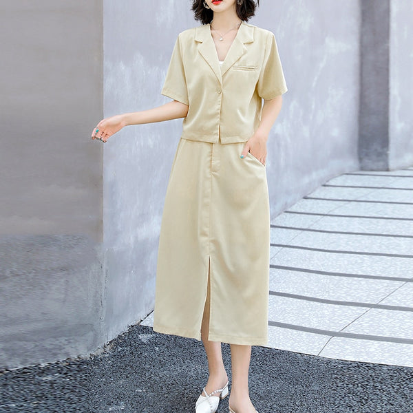 Women Summer Short Sleeve Small Blazer With Elastic Waist Mid A-Line Skirt Two Pieces Sets Ladies Outfits Casual Office Lady