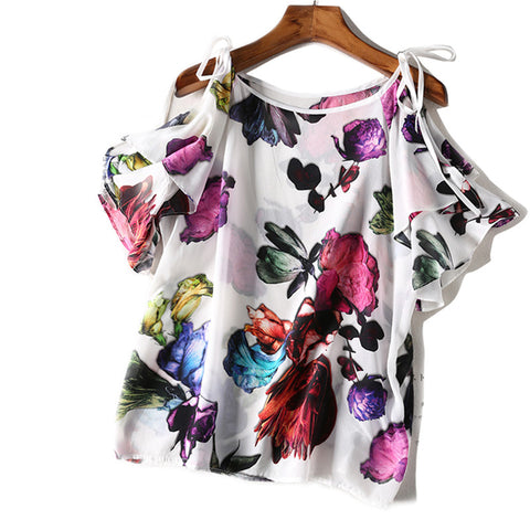 Women Summer Silk Blouse O neck hollow out Short Sleeve office casual Sweet red Floral print Shirt Real Silk Tops Holiday Blouse