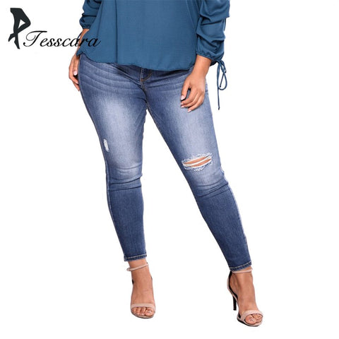 Women Summer Skinny Slim Pencil Bas Jeans Female Big Waist Hole Ripped Pants Lady Plus Size 7XL Bottom Causal Elasticity Denim