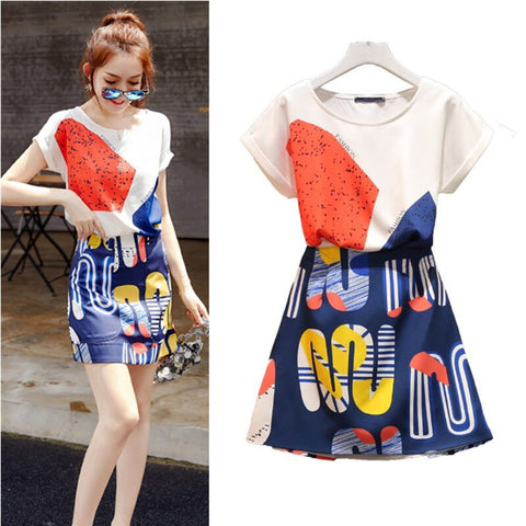 Women Summer Skirt Suit Short Sleeve Colorful Contrast Print Top Blouse O-neck And Mini Ladies Skirt Casual Twinsets Set NS847