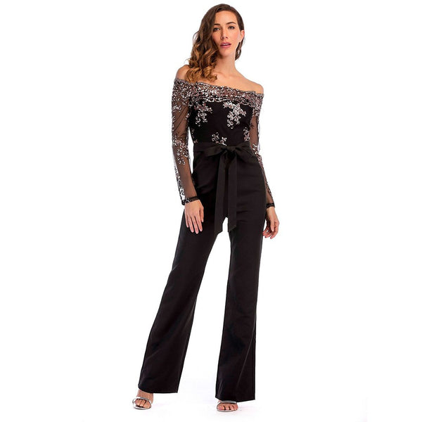 Women Summer Slash Neck Sequined Jumpsuit Sexy Long Straight Pants Elegant Rompers Floral Print Office Lady Backless Jumpsuits
