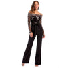 Women Summer Slash Neck Sequined Jumpsuit Sexy Long Straight Pants Elegant Rompers Floral Print Office Lady Backless Jumpsuits