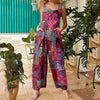 Women Summer Sleeveless Button Suspender Jumpsuit Bib Pants Ethnic Floral Print Rompers Wide Leg Baggy Loose Overalls