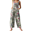 Women Summer Sleeveless Button Suspender Jumpsuit Bib Pants Ethnic Floral Print Rompers Wide Leg Baggy Loose Overalls