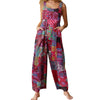 Women Summer Sleeveless Button Suspender Jumpsuit Bib Pants Ethnic Floral Print Rompers Wide Leg Baggy Loose Overalls