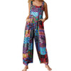 Women Summer Sleeveless Button Suspender Jumpsuit Bib Pants Ethnic Floral Print Rompers Wide Leg Baggy Loose Overalls