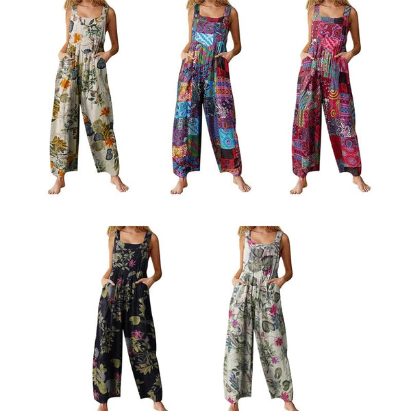 Women Summer Sleeveless Button Suspender Jumpsuit Bib Pants Ethnic Floral Print Rompers Wide Leg Baggy Loose Overalls