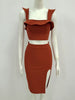 Women Summer Style Sexy Sleeveless Ruffle Brown Split Backless Two Piece brown Bandage Set 2023 Celebrity Women's Set