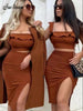 Women Summer Style Sexy Sleeveless Ruffle Brown Split Backless Two Piece brown Bandage Set 2023 Celebrity Women's Set