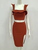 Women Summer Style Sexy Sleeveless Ruffle Brown Split Backless Two Piece brown Bandage Set 2023 Celebrity Women's Set
