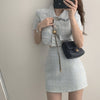Women Summer Two 2 Piece Set Korean Style Elegant Single Breasted Tassle Short Sleeve Tops and High Waist Bodycon Mini Skirt